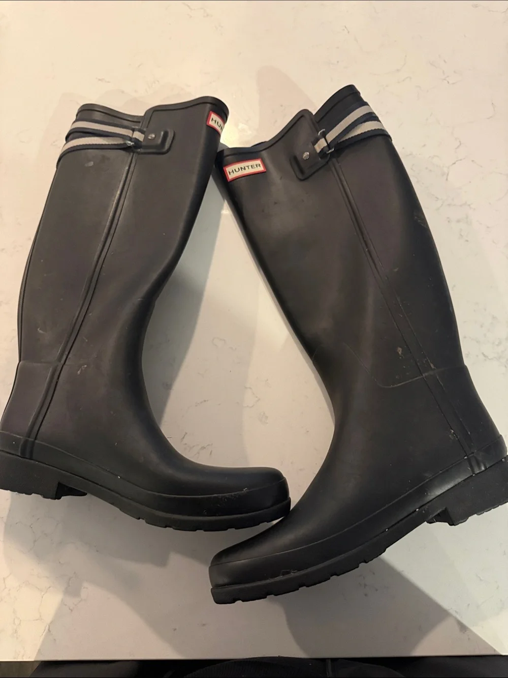 Hunter Black Rain I Boots with black and White Striped Trim